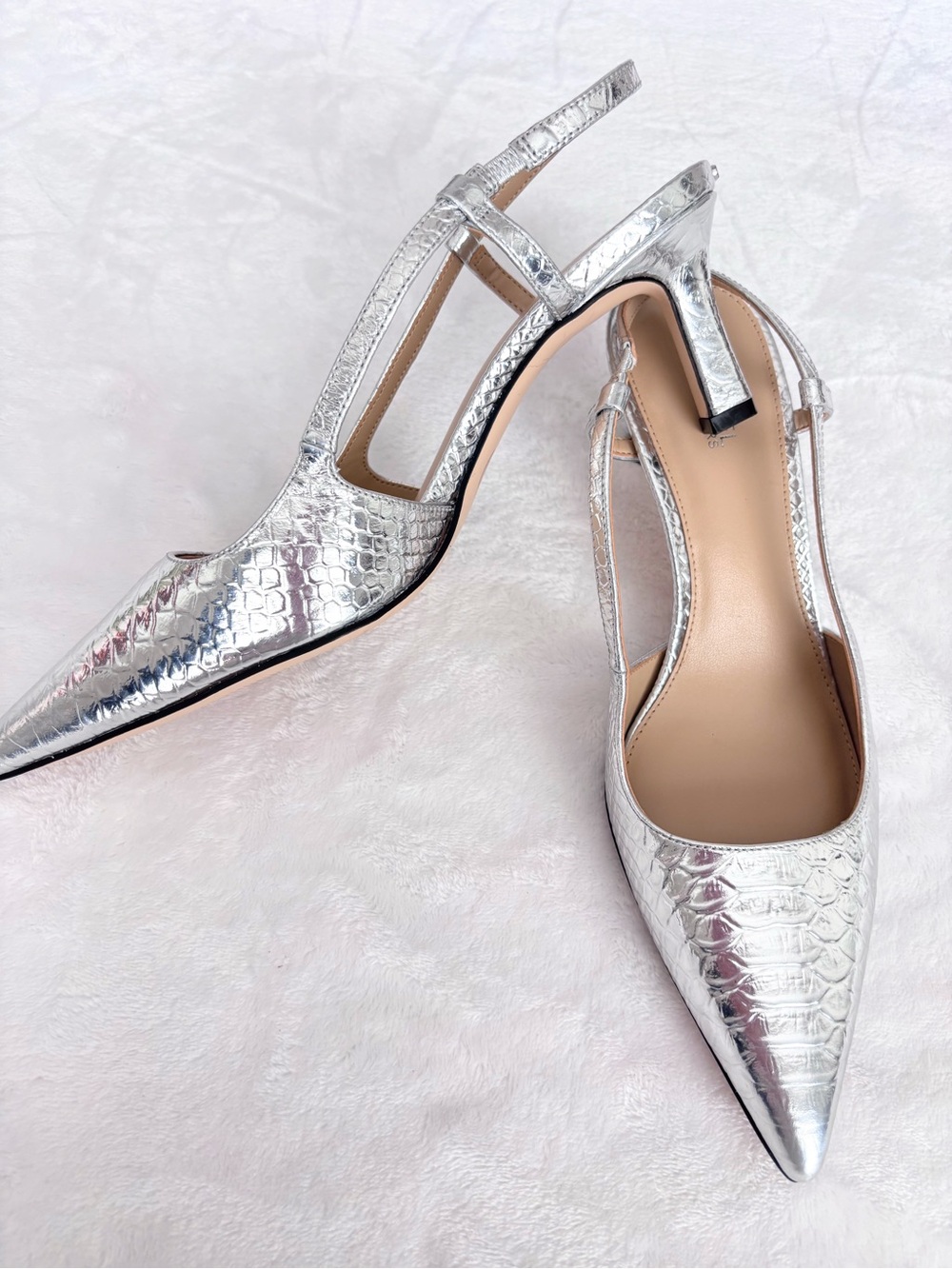 MICHAEL KORS Alora Silver Snake Embossed Leather Slingback Heeled Pump--NEW--7